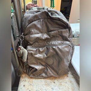 Kipling Metallic Pewter Coated Nylon Large Backpack With Diaper Pad